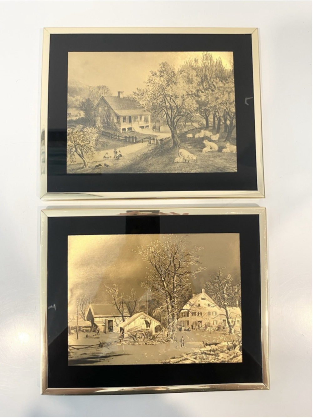 Vintage Currier & Ives Style Gold Foil Prints Pair Farm Country Wall Art 10x8